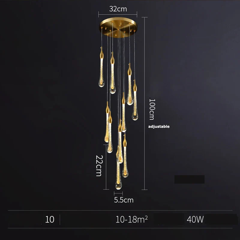 Afralia™ Water Drop LED Gold Chandelier for High Ceiling, Staircase Lighting