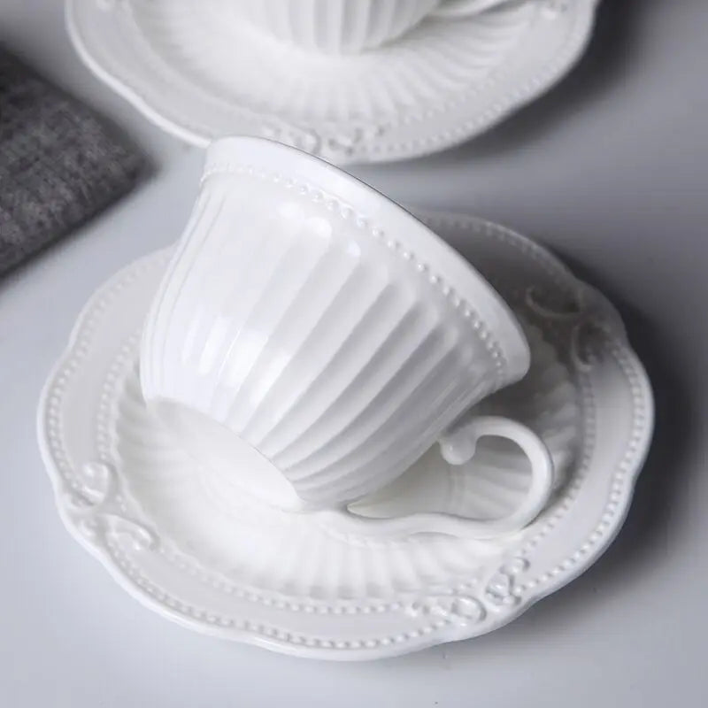 Afralia™ Ceramic Coffee Cup and Saucer Spoon Set - European Style Relief Design