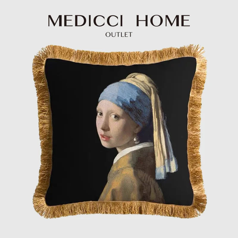 Afralia™ Retro Girl With a Pearl Earring Velvet Tassel Pillow Case