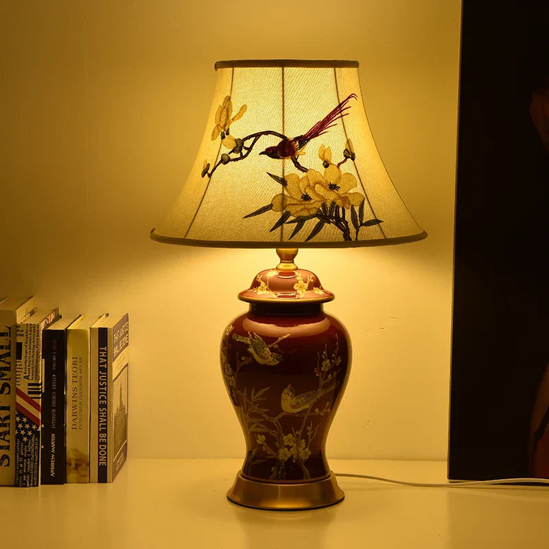 Afralia™ Festive Magpie Embroidery Lampshade & Ceramic Table Lamp - Marriage Home Decor