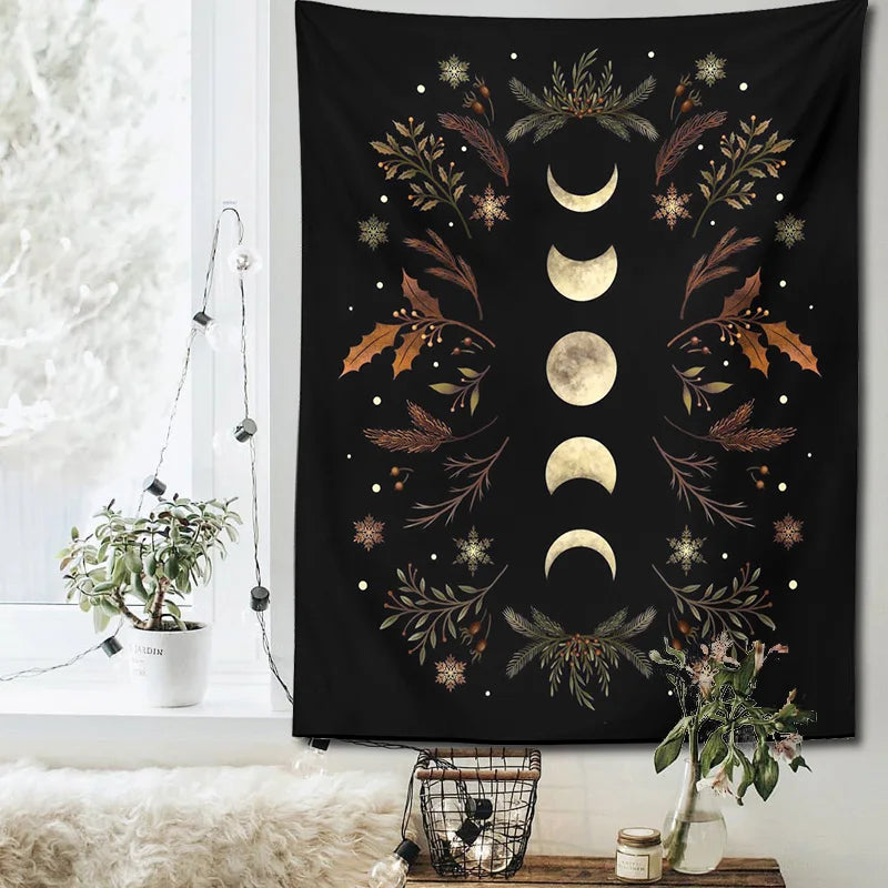 Afralia™ Moon Phase Boho Wall Tapestry: Black Psychedelic Carpet for Home Decor