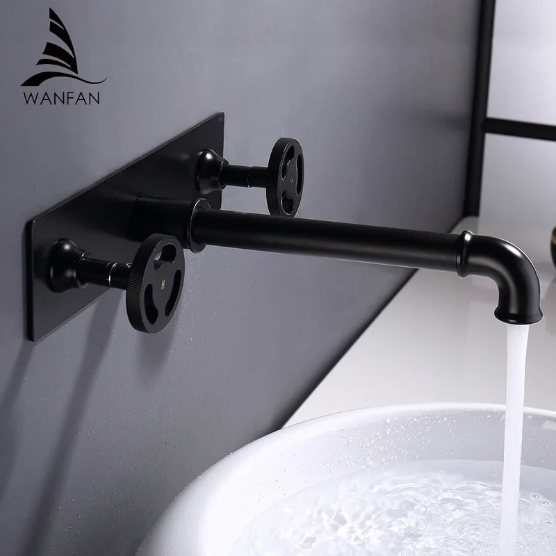 Afralia™ Black Wall Mounted Dual Handle Basin Faucet Industrial Style Mixer Tap