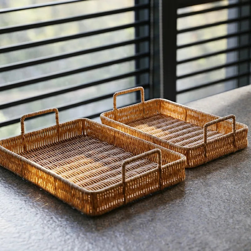 Afralia™ Rattan Weave Storage Tray with Handle - Multi-Functional Serving Platter