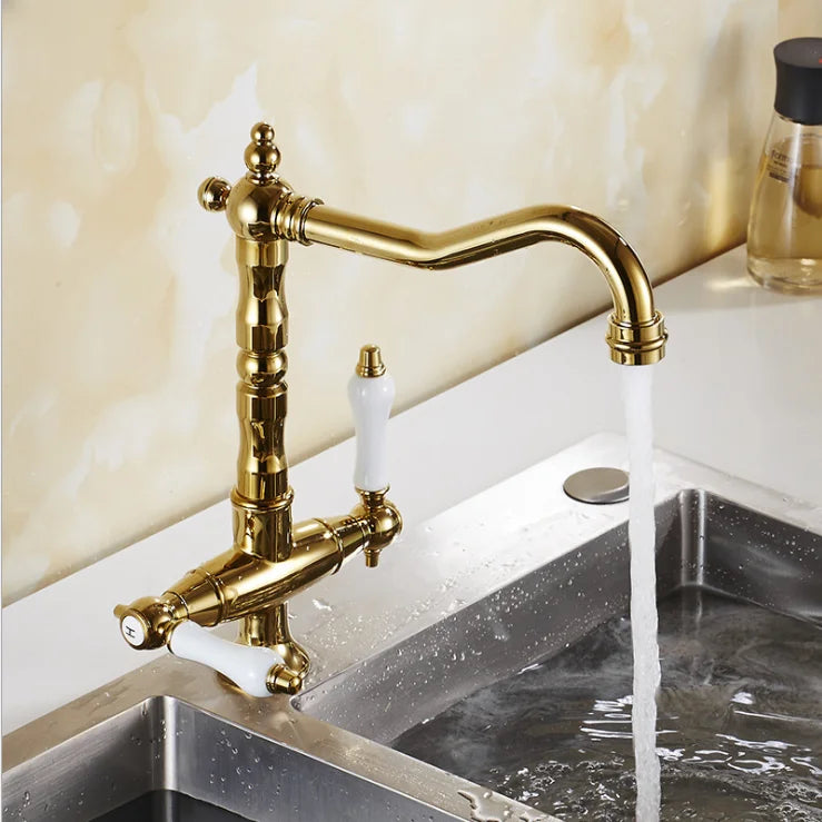 Afralia™ Black Gold Brass Kitchen Sink Faucet with Double Handles