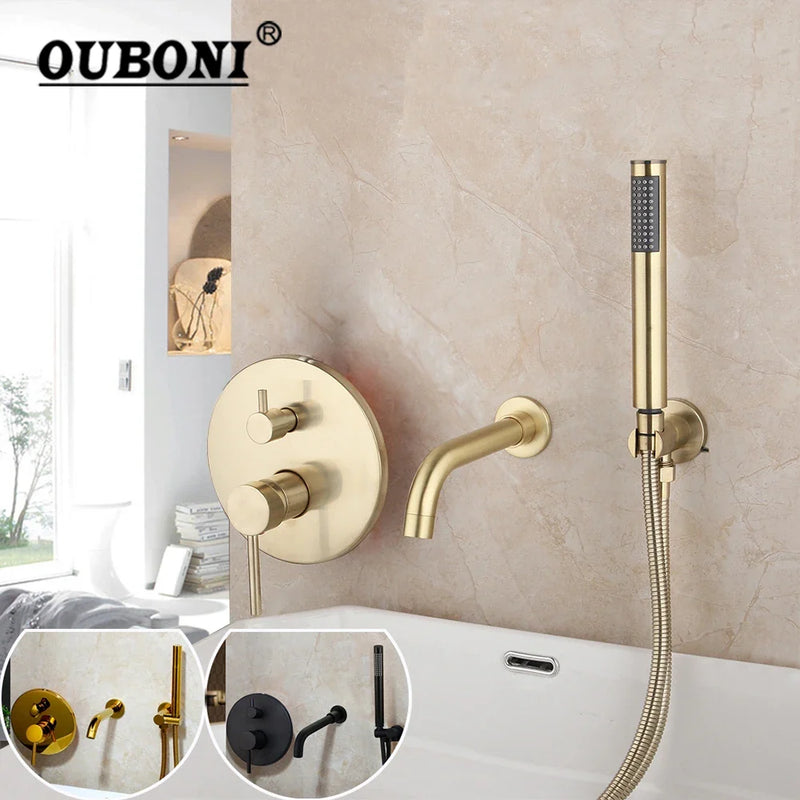 Afralia™ Brush Gold Bathroom Shower Tub Faucet Wall Mount Golden Plated Mixer Tap