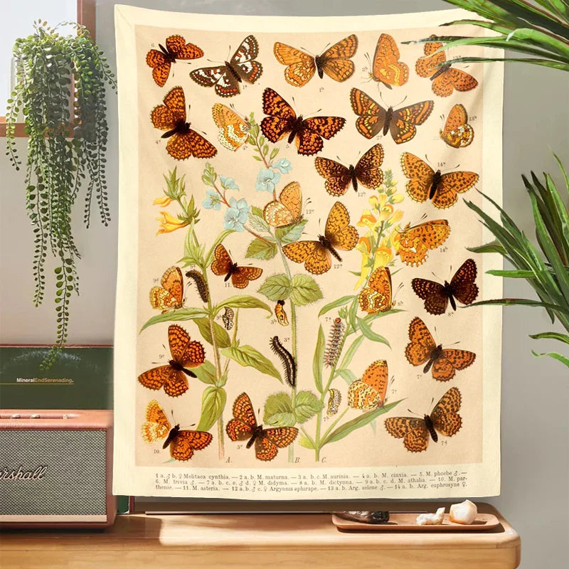 Afralia™ Butterfly Botanical Tapestry Wall Hanging Vintage Aesthetic Room Decor Mural Tapiz