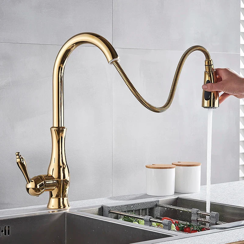 Afralia™ Gold Swivel Spout Kitchen Faucet with Pull Down Sprayer