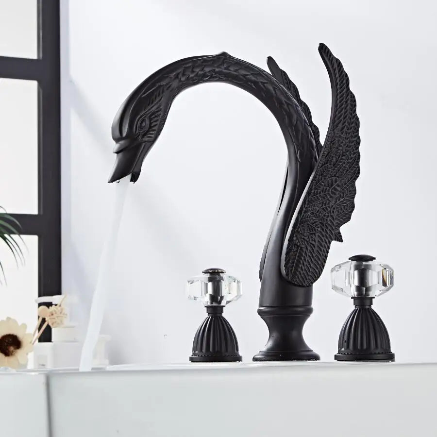 Afralia™ Swan Basin Faucet Gold Brass 3-Hole Black Oil Brushed Sink Tap