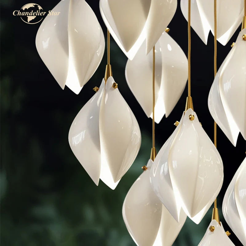 Afralia™ Ceramic Flower LED Chandelier | White Gold Pendant Light for Home Decor