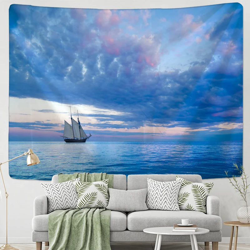 Blue Clouds Landscape Sky & Sea Wall Tapestry for Home Decor by Afralia™.