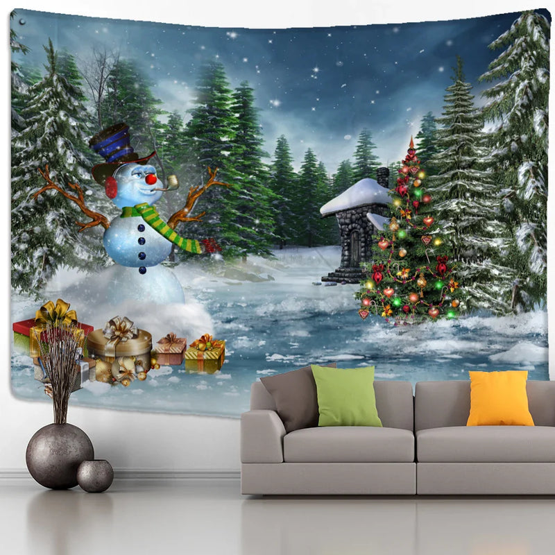 Afralia™ Christmas Tree Snowman Tapestry - Natural Snow Scene Oil Painting Hippie Decor