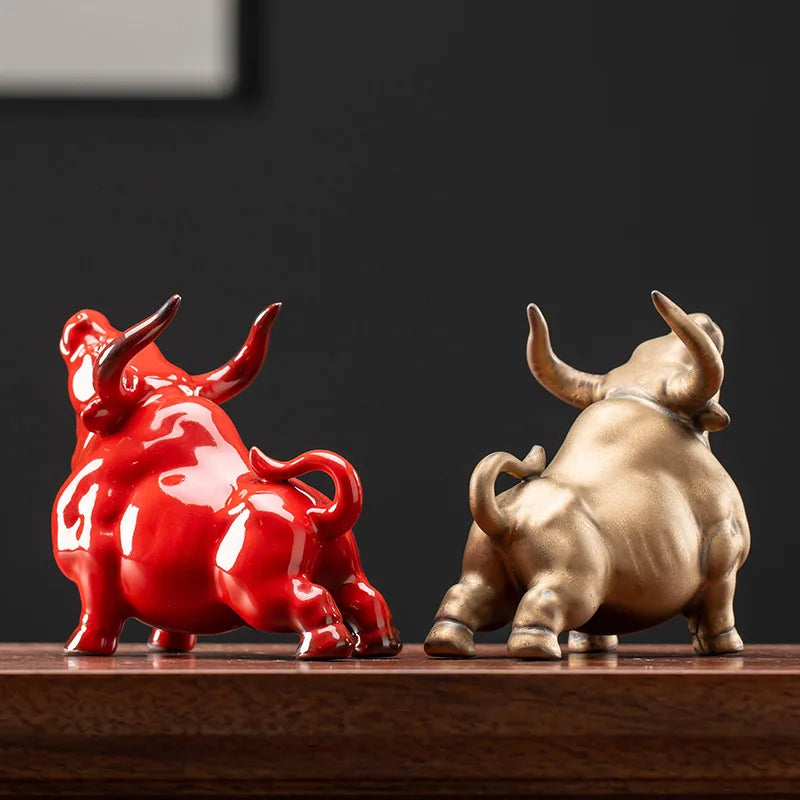 Afralia™ Bull Figurines: Porcelain Animal Statue for Home Office Decor