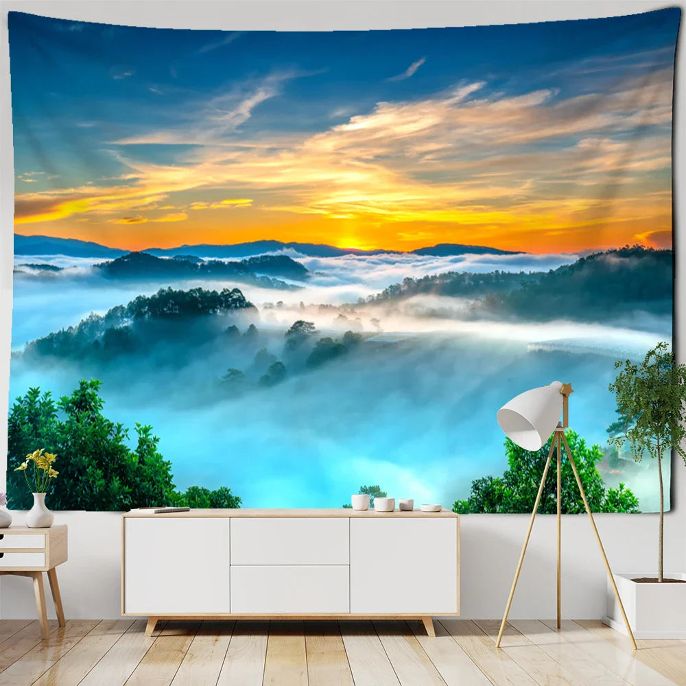 Afralia™ Sunrise Mountains Rivers Tapestry Wall Hanging Psychedelic Home Decor