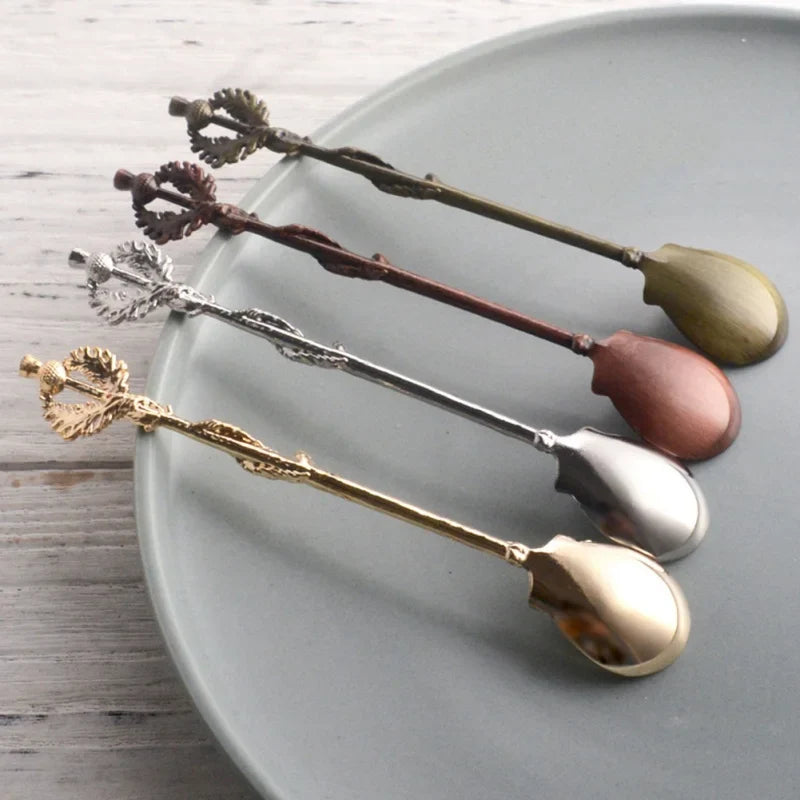Afralia™ Thistle Leaves Coffee Spoon | Vintage British Style Tableware