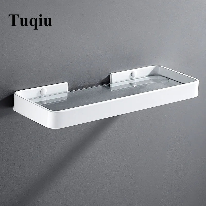Afralia™ Square White Glass Bathroom Shelf Aluminum Shower Rack Cosmetic Storage