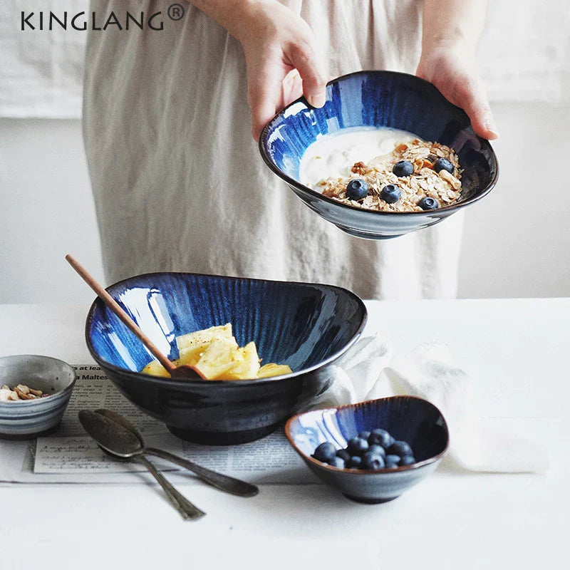 Afralia™ Ceramic Blue Glaze Tableware Plate Bowl Set - Eco-Friendly Porcelain, Solid Design