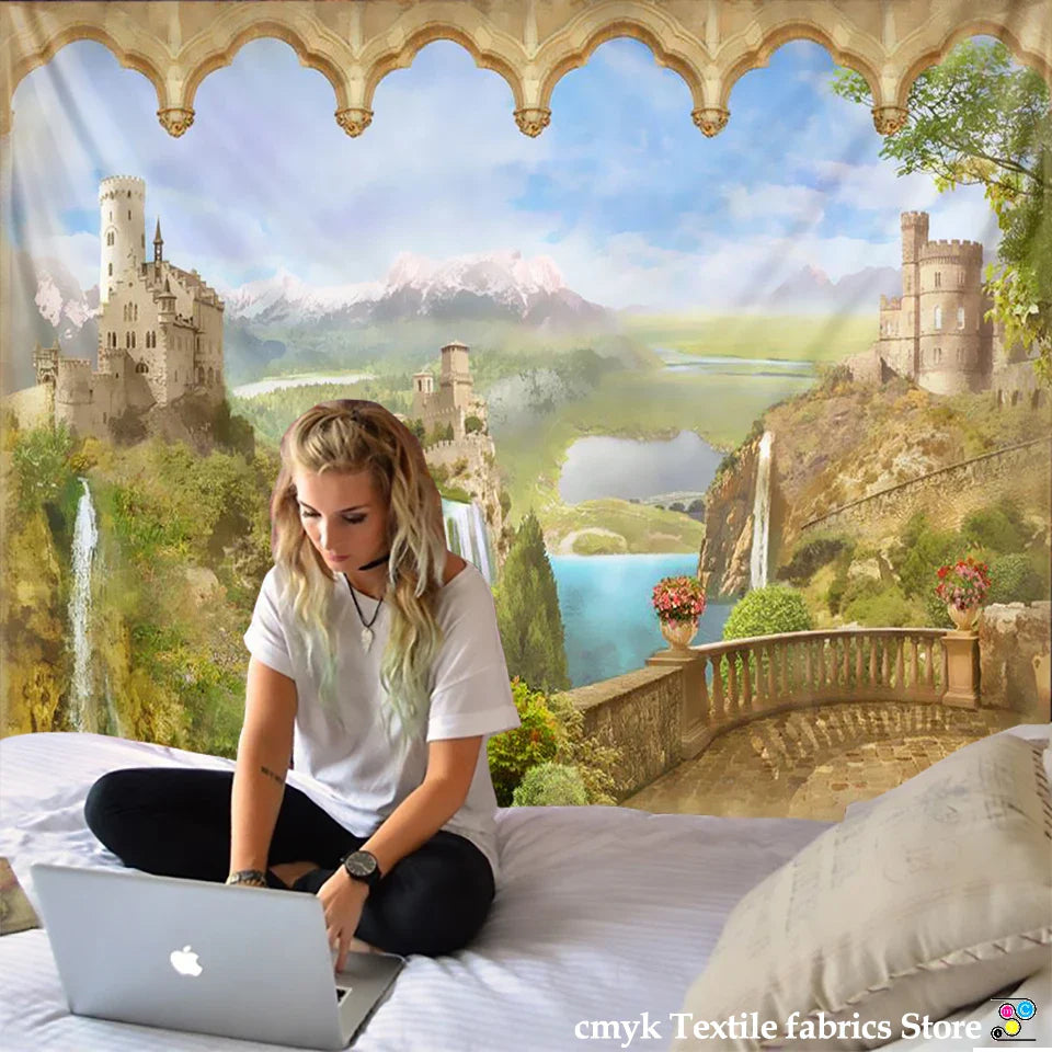 Afralia™ Roman Medieval Tapestry Castle Mountain River City Wall Hang