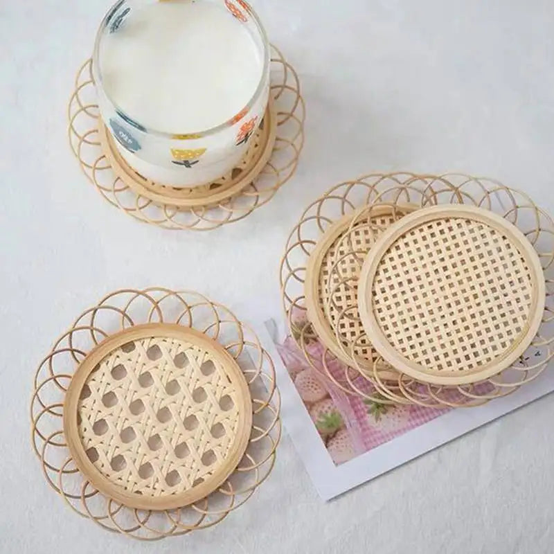 Afralia™ Bamboo Woven Coasters & Storage Basket Set for Kitchen Table Décor