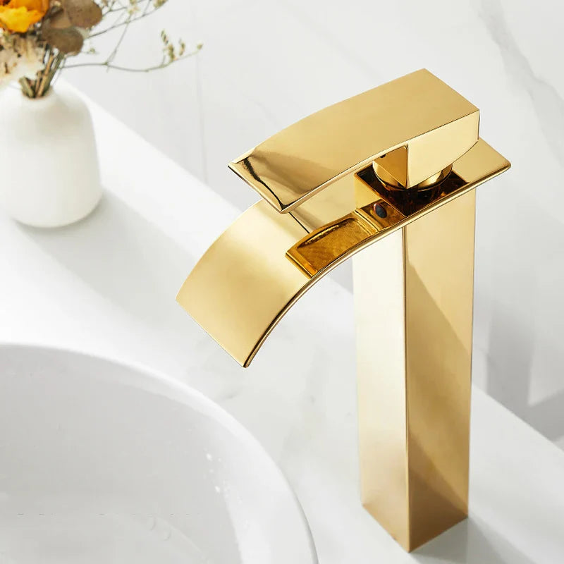 Afralia™ Gold Waterfall Basin Faucet, Deck Mounted Mixer Tap for Bathroom Sink