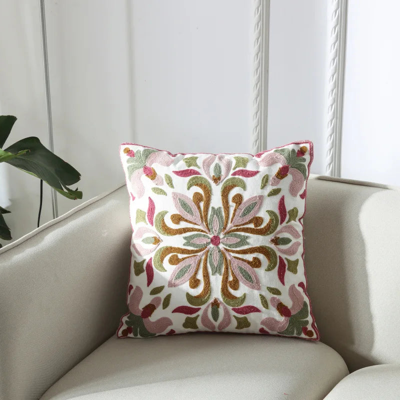 Afralia™ Floral Embroidered Thread Cushion Cover 45*45cm - Home Decor Cotton Boho Pillowcase