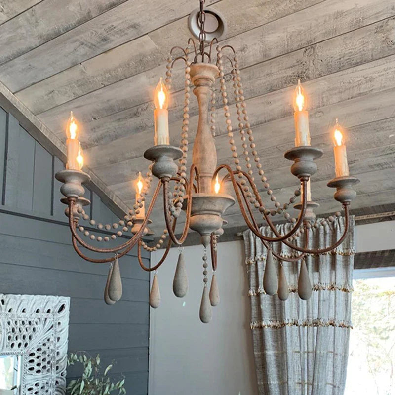 Afralia™ White Wooden Beads Chandelier – Retro Elegant Foyer Suspension Light