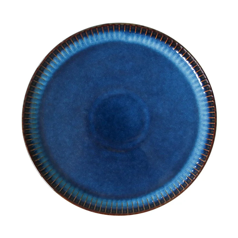 Afralia™ Nordic Ceramic Plate - Blue Stripe Design | Round Ceramic Plate | Solid Pattern