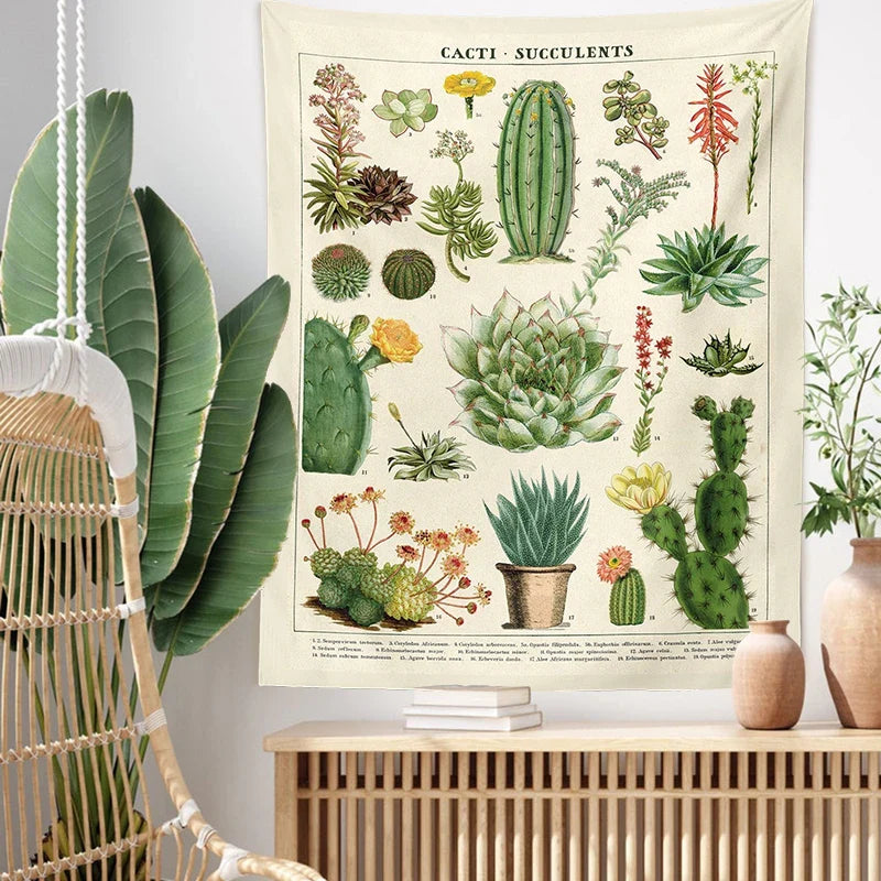 Afralia™ Cactus Tapestry Wall Hanging: Retro Succulents Mushroom Chart Hippie Boho Decor