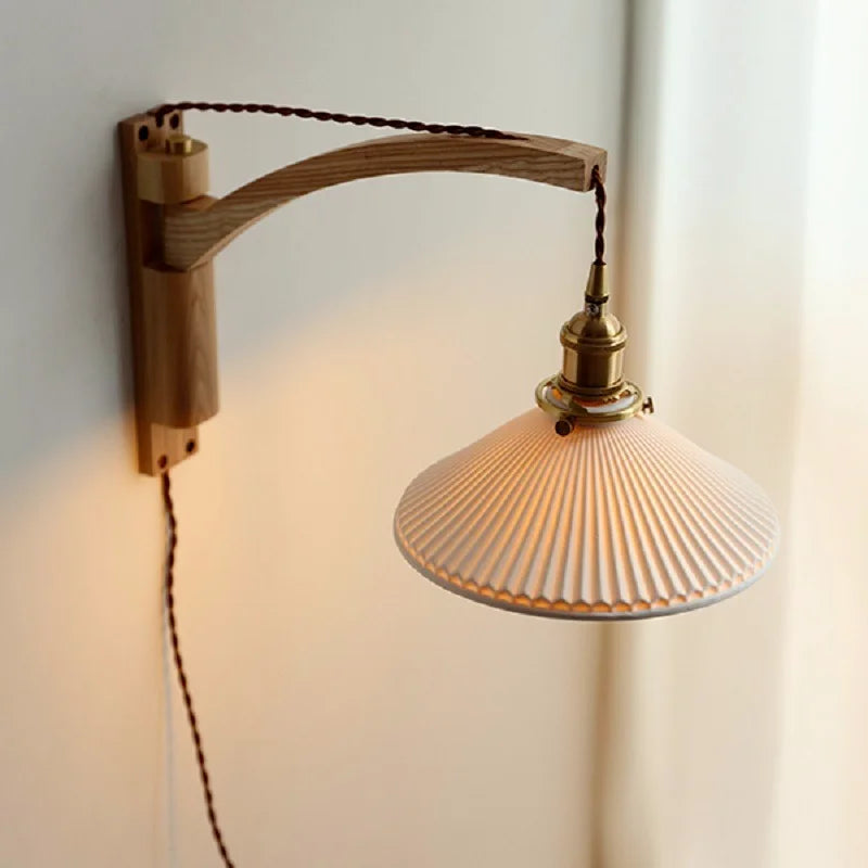 Afralia™ Minimalist Walnut Wall Lamp with Retractable Arm and Pleat Lampshade