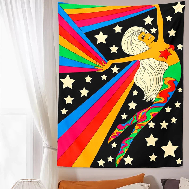 Afralia™ Vintage Rainbow Star Tapestry Wall Hanging Sky Bohemian Ouija Decor