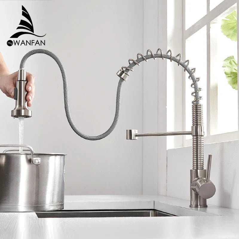 Afralia™ Brush Brass Kitchen Faucet Single Lever Pull Out Spring Spout Mixer Tap