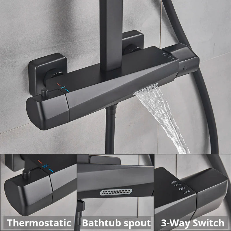 Afralia™ Thermostatic Black Shower Faucet Set with Rain Shower Head - Wall Mounted