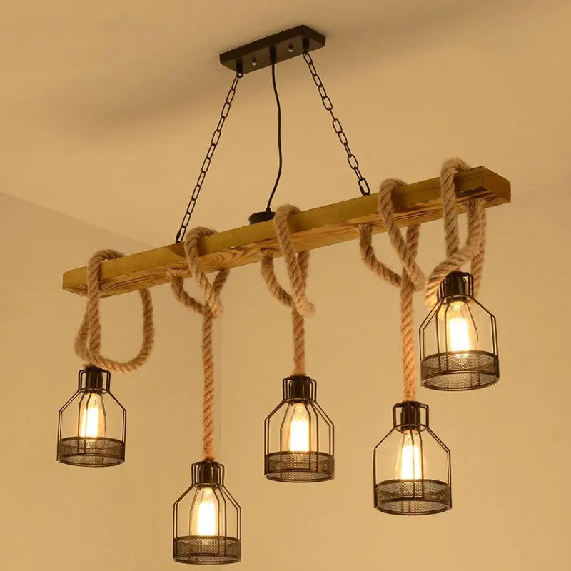 Afralia™ Vintage Droplight: Hemp Rope Wood Ceiling Chandelier for Dining, Restaurant, Cafe