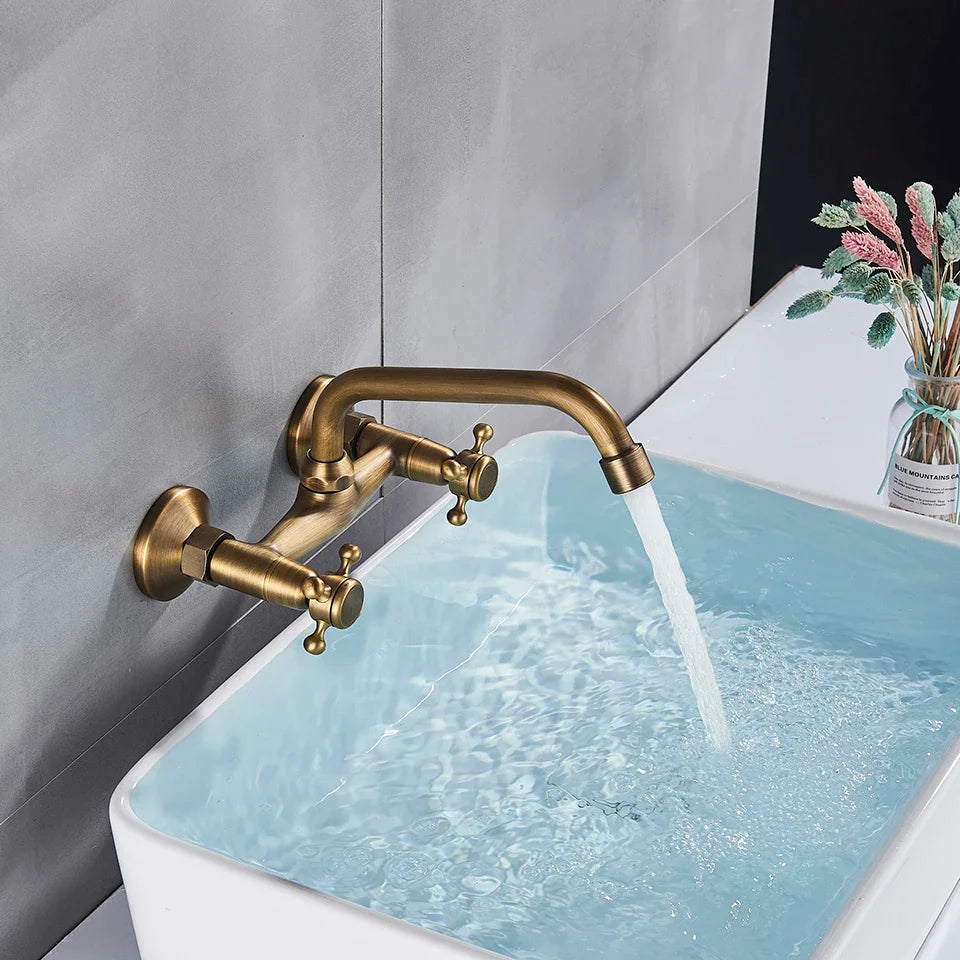 Afralia™ Swivel Spout Antique Brass Wall Mounted Kitchen Faucet Mixer Tap