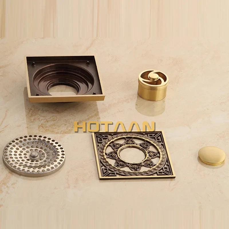 Afralia™ Antique Brass Flower Art Bathroom Floor Drain Waste Grate