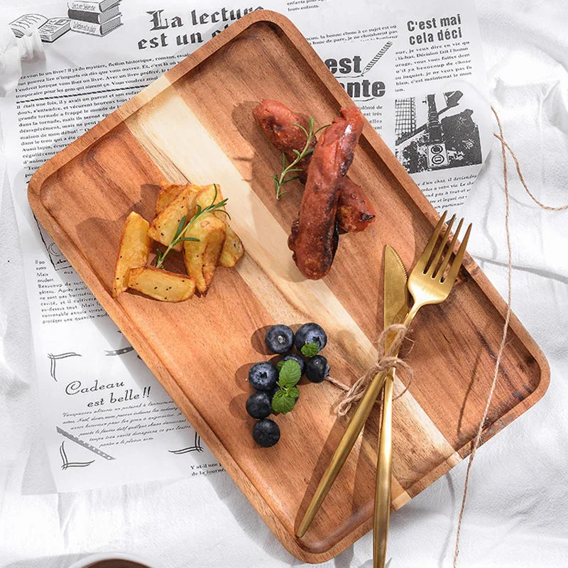 Afralia™ Acacia Wood Breakfast Tray - Rectangular Fruit Plate with Wooden Cutlery