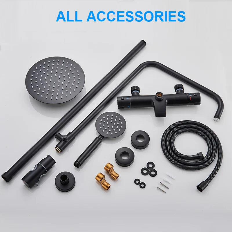 Afralia™ Thermostatic Shower Faucet Black/Chrome Rainfall Bathroom Set with Handshower