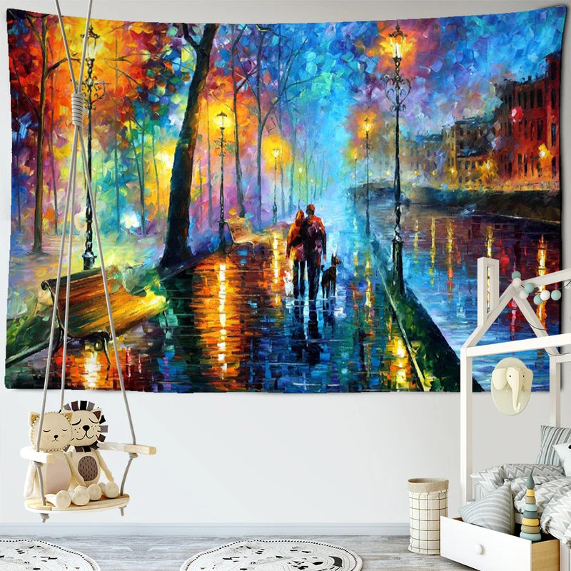 Afralia™ Night View Van Gogh Oil Painting Tapestry - Romantic Love Couple Wall Hanging