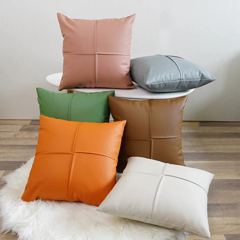 Afralia™ Faux Leather Cushion Cover 45x45cm Ivory Green Orange Brown Coral Plain