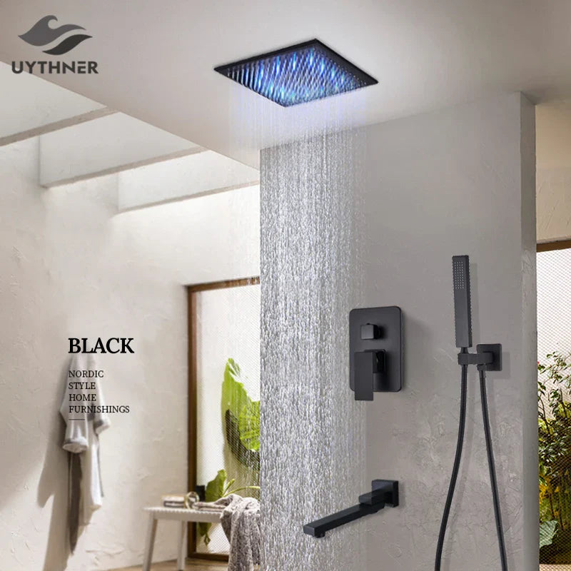 Afralia™ Matte Black Rain Shower Ceiling Mounted Tub Shower Mixer Set