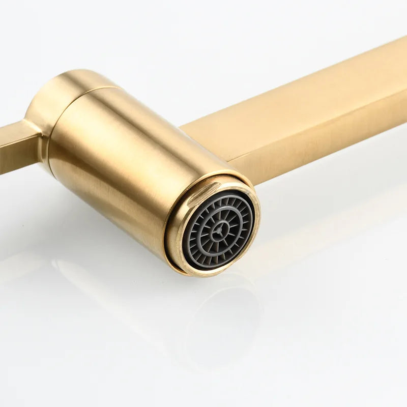 Afralia™ Brushed Gold Brass Wall Mounted Pot Filler Faucet with Rotating Foldable Spout