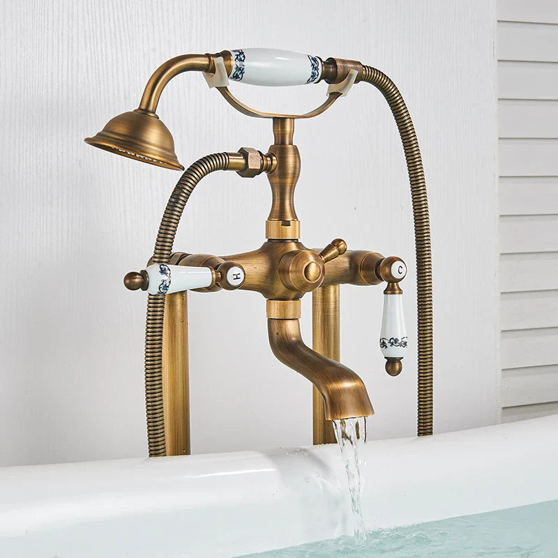 Afralia™ Antique Brass Freestanding Bathtub Filler with Hand Shower