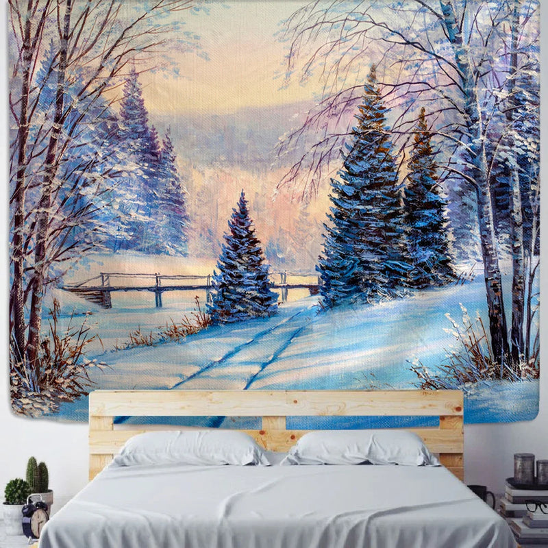 Afralia™ Christmas Village Wooden House Tapestry Ice and Snow Wall Hanging