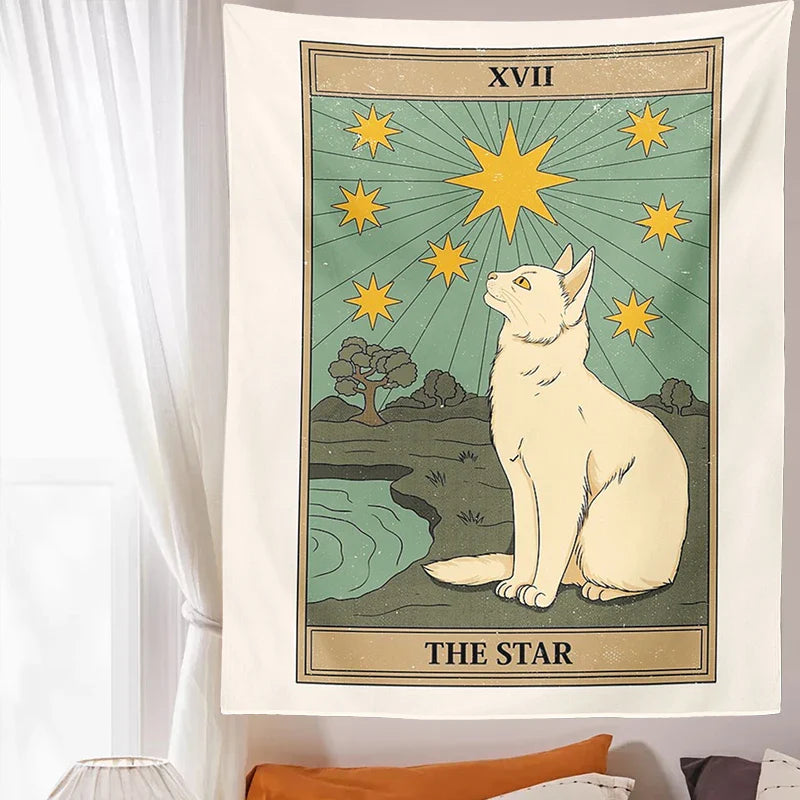 Afralia™ Cat Divination Tarot Card Tapestry Moon Phase Wall Hanging Décor