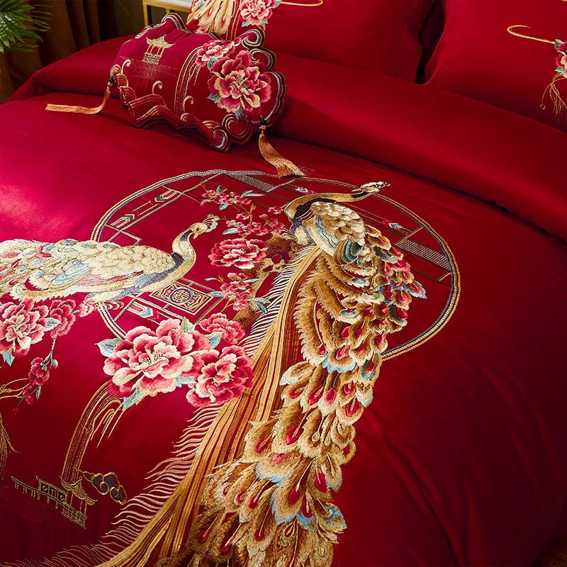 Afralia™ Luxury Gold Phoenix Embroidery Bedding Set, Red Chinese Wedding Style