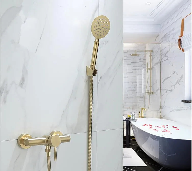 Afralia™ Brushed Gold Wall Mounted Shower Faucet Set for Bathroom with Hot and Cold Mixer