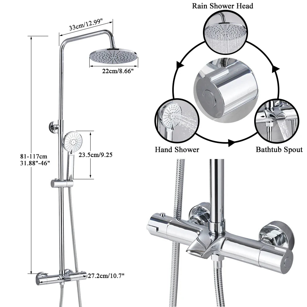 Afralia™ Chrome Thermostatic Bath Shower Set with Rain Shower Head