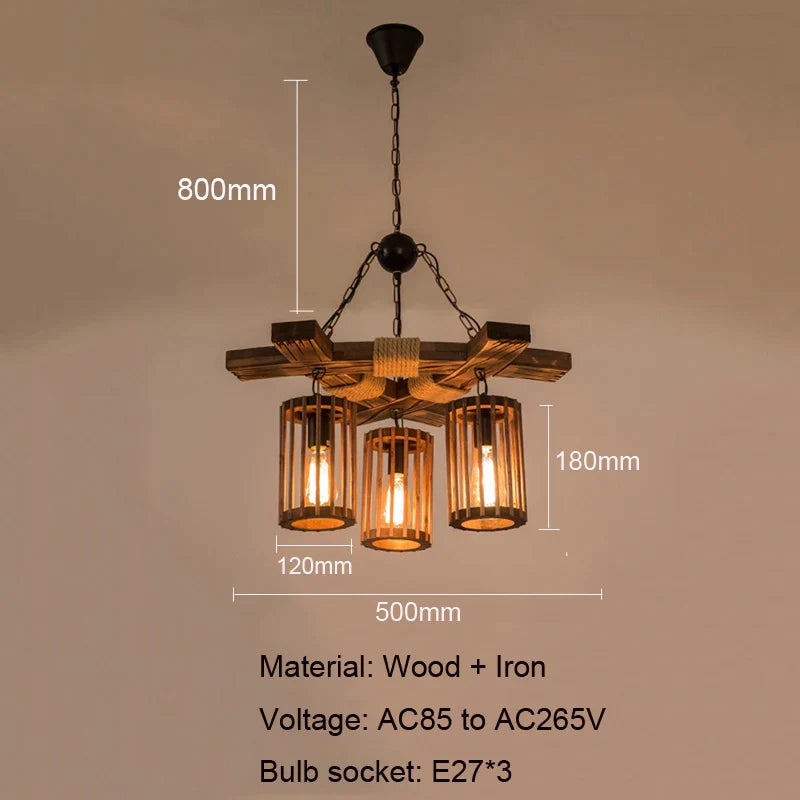 Afralia™ Retro Hemp Rope Chandelier Wood Pendant Light for Bar, Restaurant, Salon