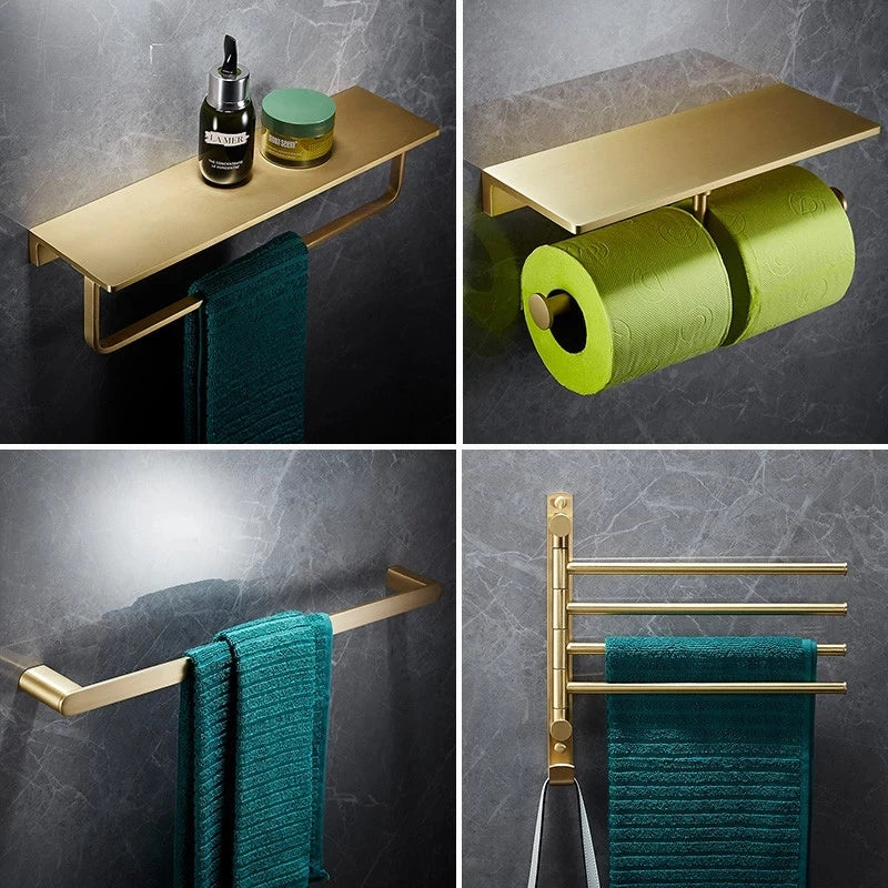 Afralia™ Brass Bath Hardware Set: Shelf, Towel Rack, Paper & Toilet Brush Holder in Brushed Gold