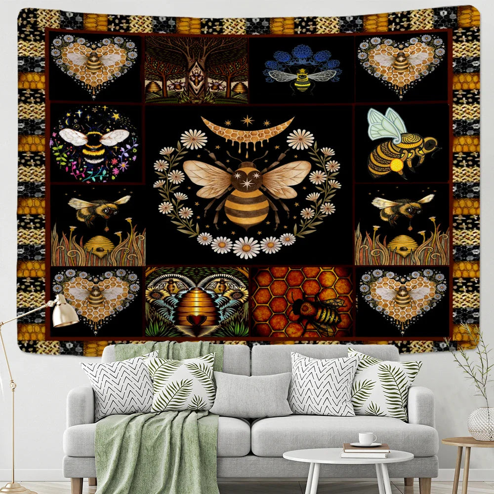 Afralia™ Psychedelic Bee Tapestry Wall Daisy Flower Home Decor for Bohemian Hippie Vibes