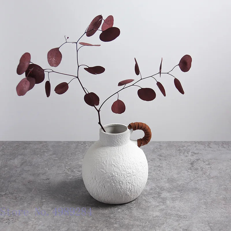 Afralia™ Retro Continental White Ceramic Flower Vase - Handle Ornament Rough Surface